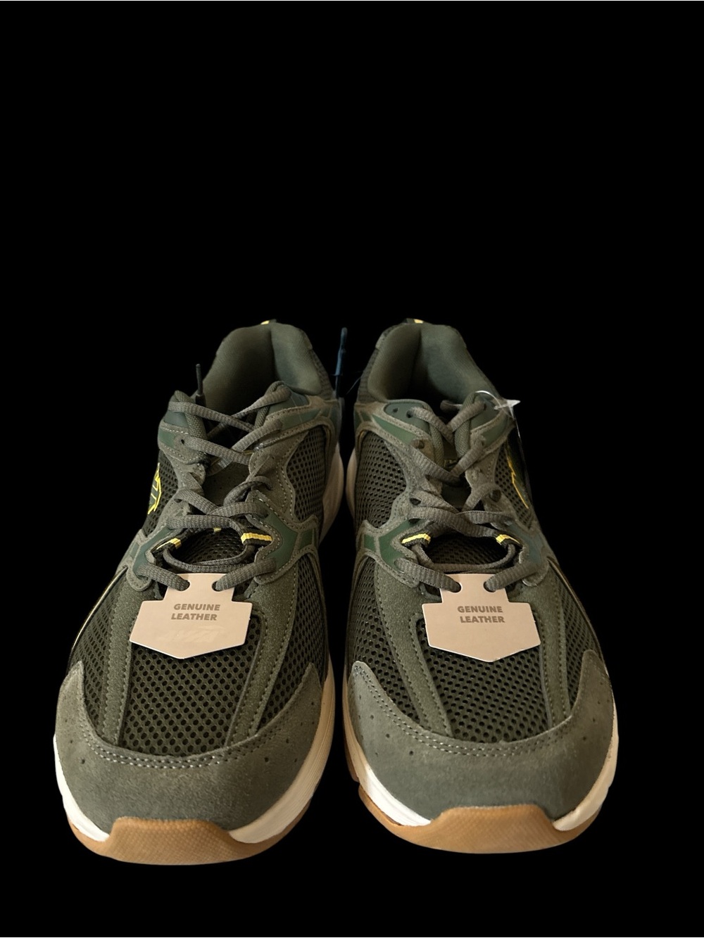 Avia Olive Green Mesh & Leather Athletic Sneakers with Yellow Accents